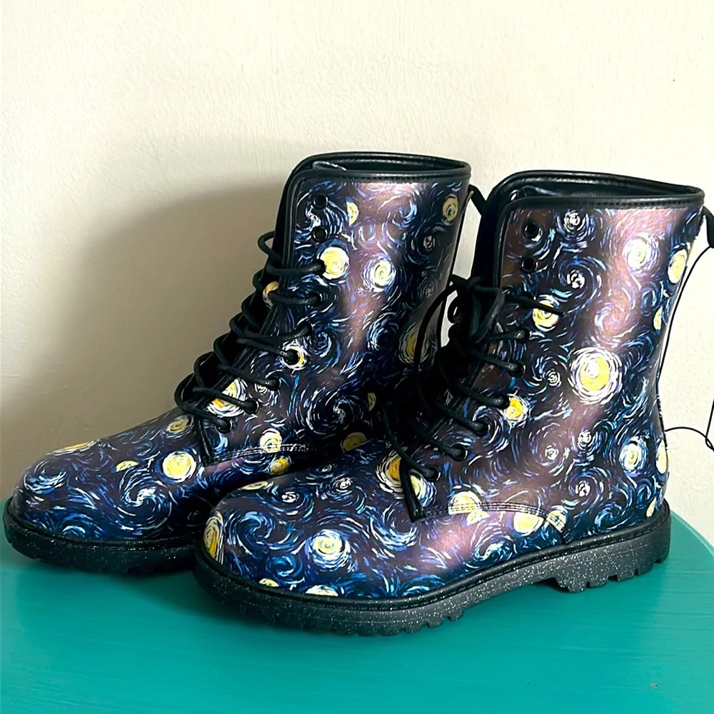 New Starry Night Inspired Print Lace-Up Vegan Leather Combat Boots